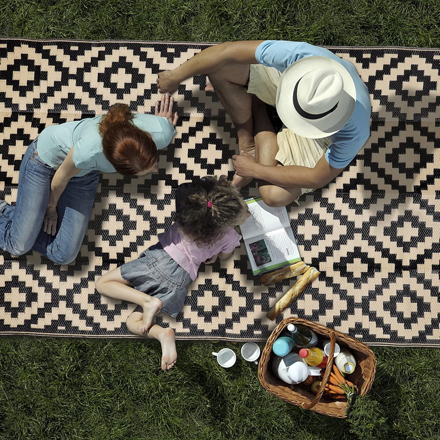 Waterproof Outdoor Rug 5X8 Ft, Plastic Reversible Rug, Modern Area Rug, Large Floor Mat For Outdoors, Rv, Patio, Backyard, Deck, Picnic, Beach, Camping, Black & Beige