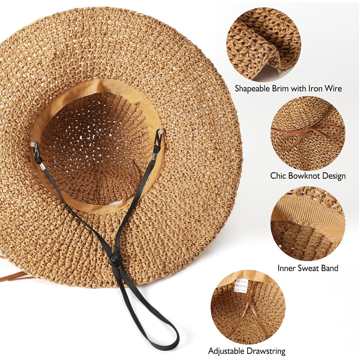 Beach Sun Straw Hats for Women, Floppy Wide Brim Summer Straw Hats, Foldable Packable Roll up Cap