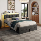 Queen Bed Frame With Charging Station And Led Lights, Grey Upholstered Headboard With Shelves, Metal Platform Bed With 2 Under-Bed Storage (Fabric Drawer On Wheels), No Box Spring Needed