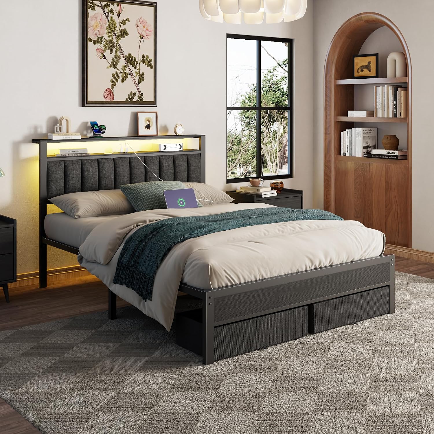 Queen Bed Frame With Charging Station And Led Lights, Grey Upholstered Headboard With Shelves, Metal Platform Bed With 2 Under-Bed Storage (Fabric Drawer On Wheels), No Box Spring Needed