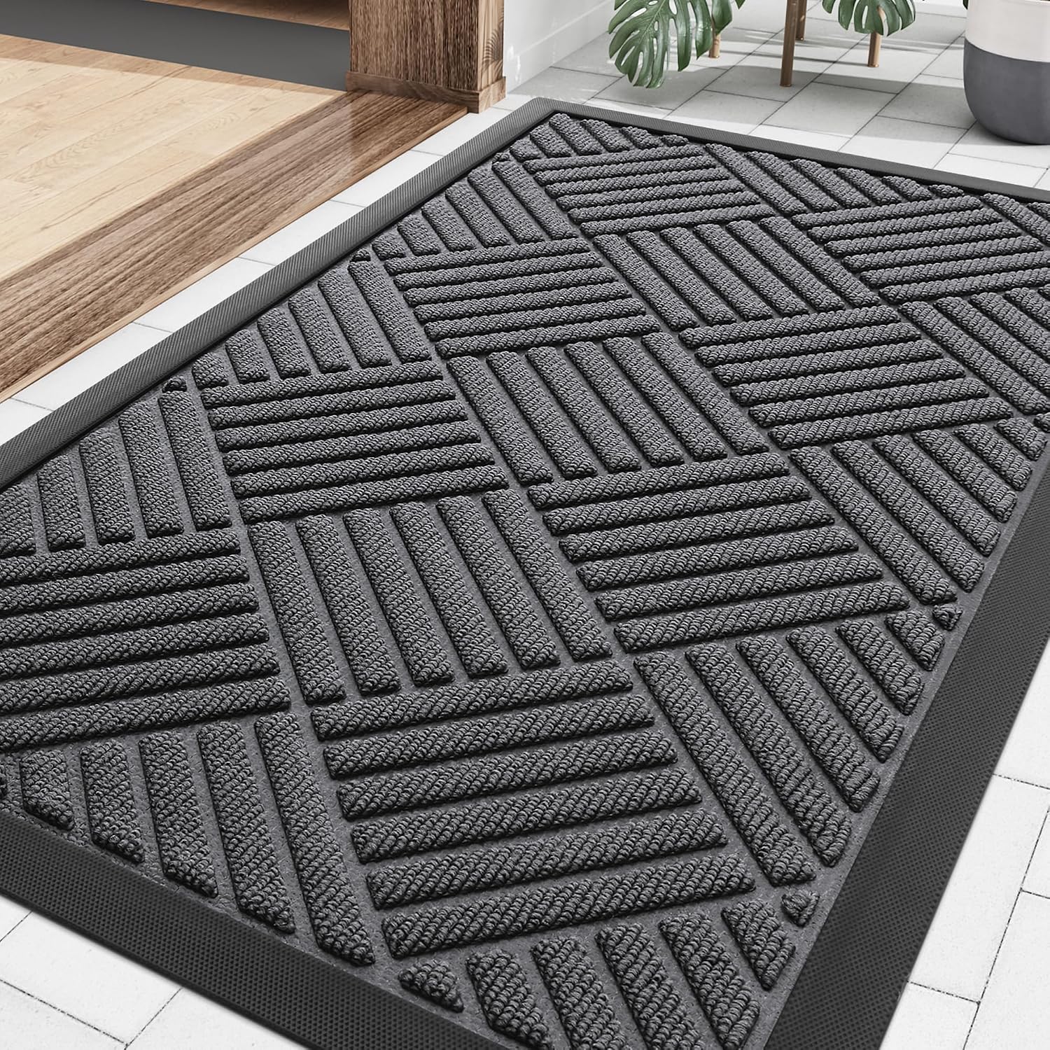 Smiry Front Door Mat Outside Entrance, Heavy Duty Outdoor Indoor Natural Rubber Doormat, Non Slip, Trap Dirt And Moisture, Easy Clean, Low Profile Patio Porch Entryway Mat, 29.5X17, Grey