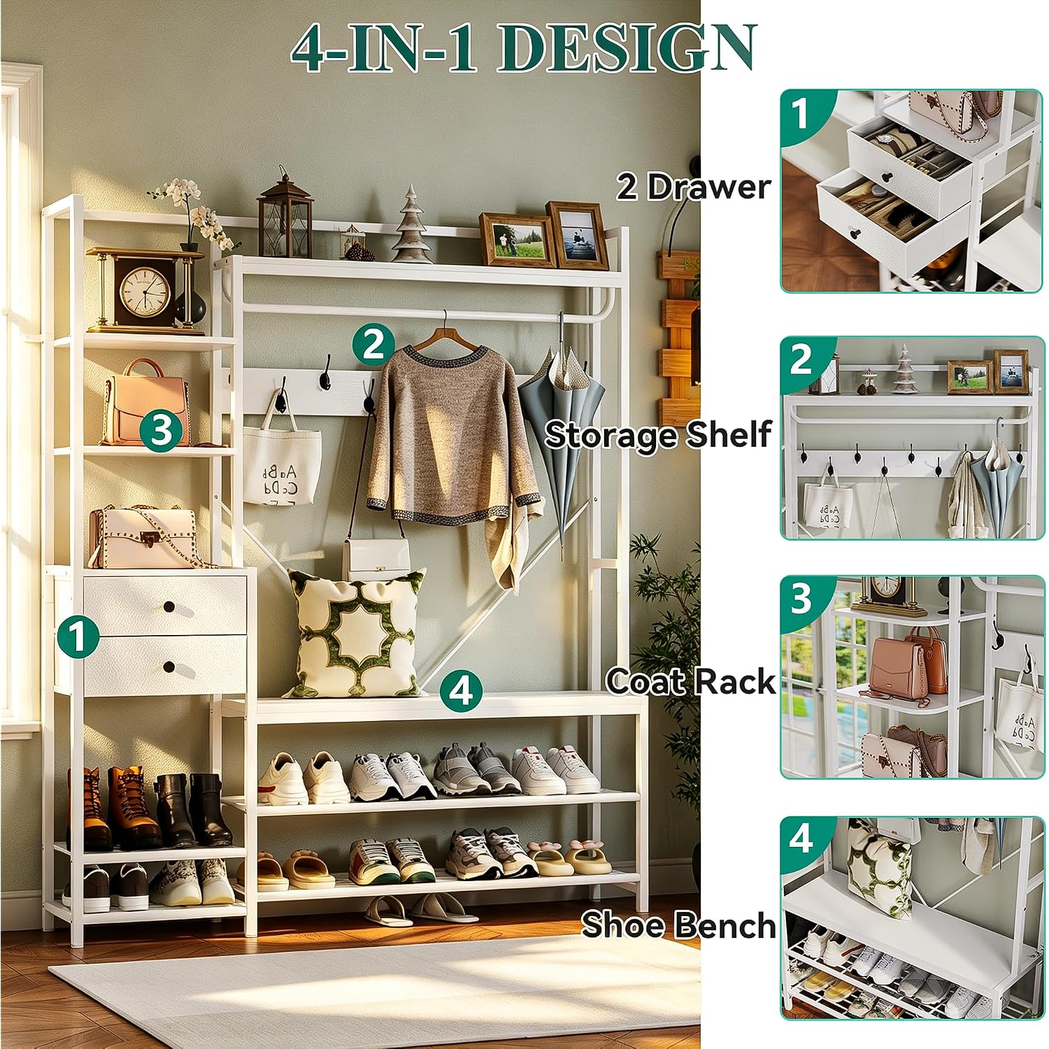 Gyfimoie 7-In-1 White Hall Tree With Bench And Shoe Storage, 55" Wide Entryway Coat Rack With Shoe Storage Shelves & Drawers, Mudroom Bench With Seating And Hooks For Hallway, Entrance