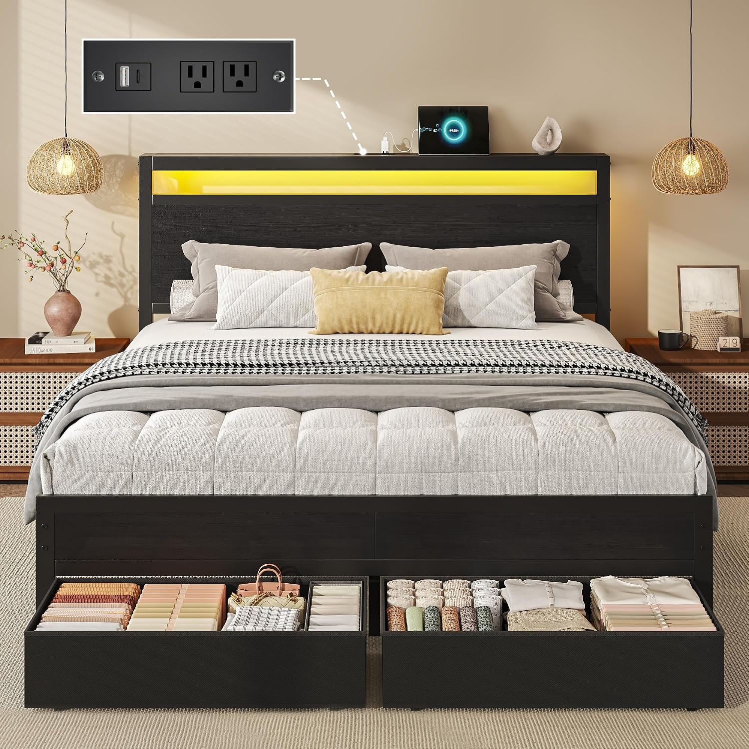 Hisoft Queen Bed Frame With Storage, Wood Headboard With Fast Charging Station, Led Lights, Platform Bed Frame Queen Size, Fabric Drawers With Wheels, No Box Spring Needed, Noise Free, Black