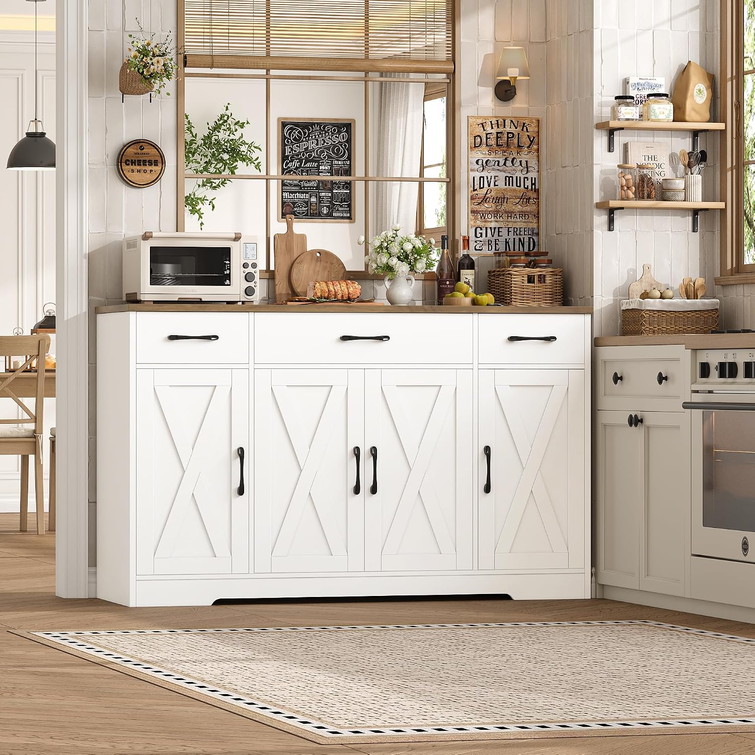 Hostack Kitchen Buffet Sideboard Storage Cabinet, Coffee Bar Cabinet, White | 55"W Farmhouse Kitchen Cabinet With Doors And Adjustable Shelves, Buffet Cabinet With 3 Large Drawers For Dining Living Room