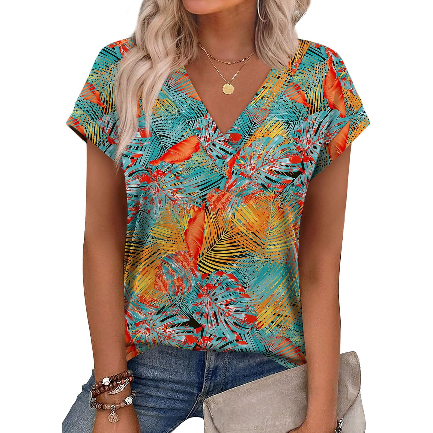 Xieerduo Womens Summer Tops Short Sleeve Shrits 2026 Trendy V Neck Spring Outfits Beach Vacation Clothes