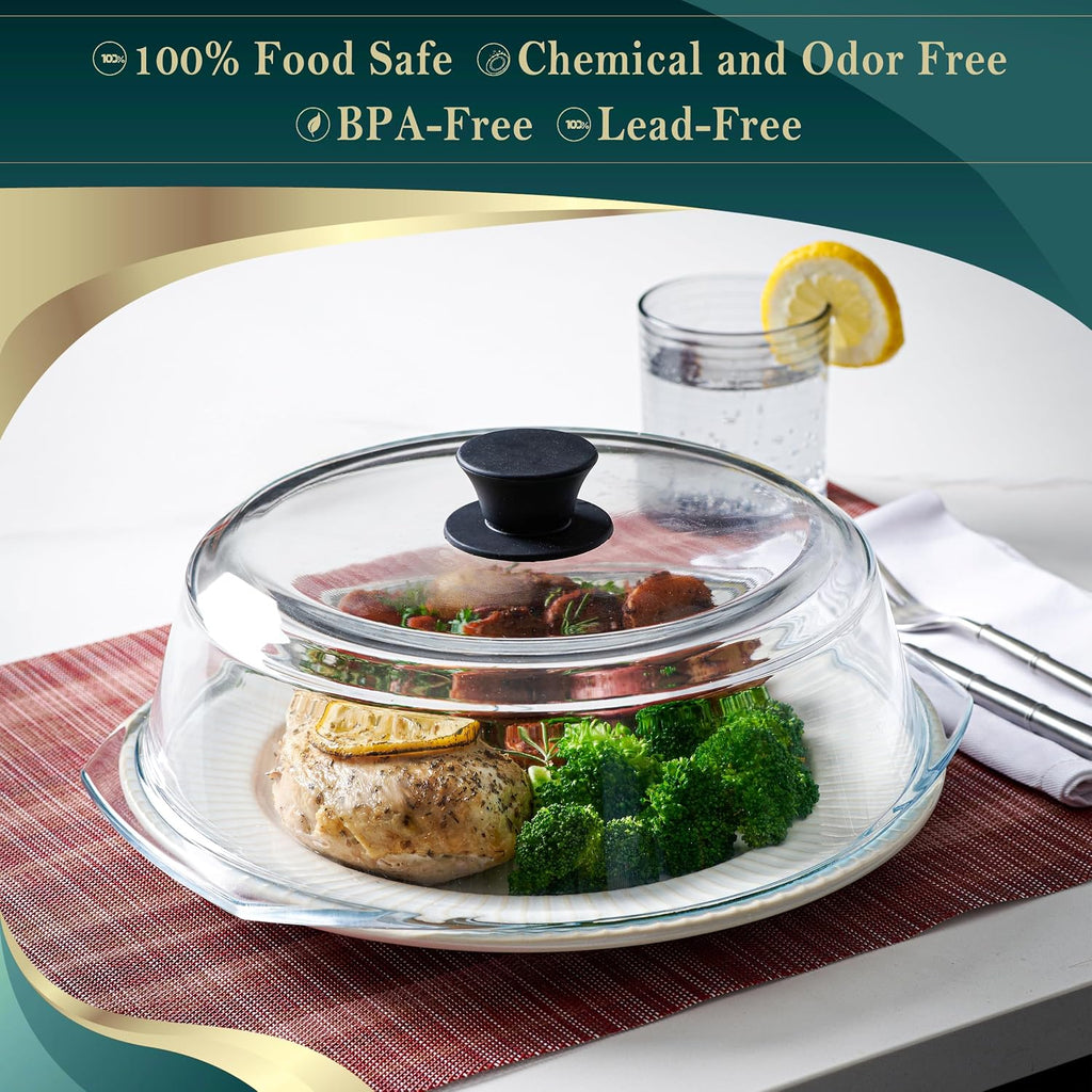 Le’Raze Tall Glass Microwave Splatter Cover For Food - Cookware & Bakeware Serving Dish Cover, Plate Guard Lid With Easy Grip Silicone Handle Knob - 100% Food Grade Bpa Free & Dishwasher Safe - 10In