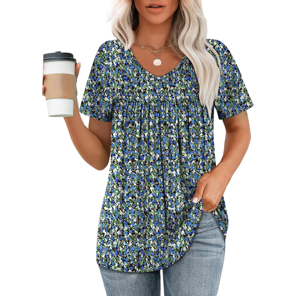 Womens T Shirts Short Sleeve Pleated Dressy Casual V Neck Summer Tops Blouses