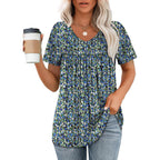 Womens T Shirts Short Sleeve Pleated Dressy Casual V Neck Summer Tops Blouses