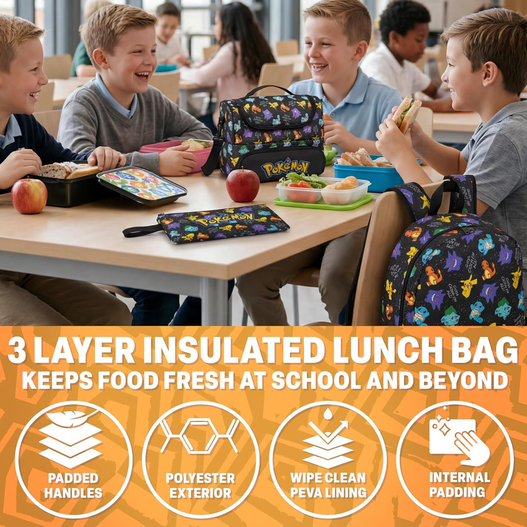 Get Trend Pokemon Boys Backpack, Lunch Bag & Pencil Case, 3 Piece Set | 18 Inch Bookbag, Adjustable Padded Straps, Insulated Lunch Bag, Pencil Pouch, School Supplies, Pikachu Gamer Gifts For Boys
