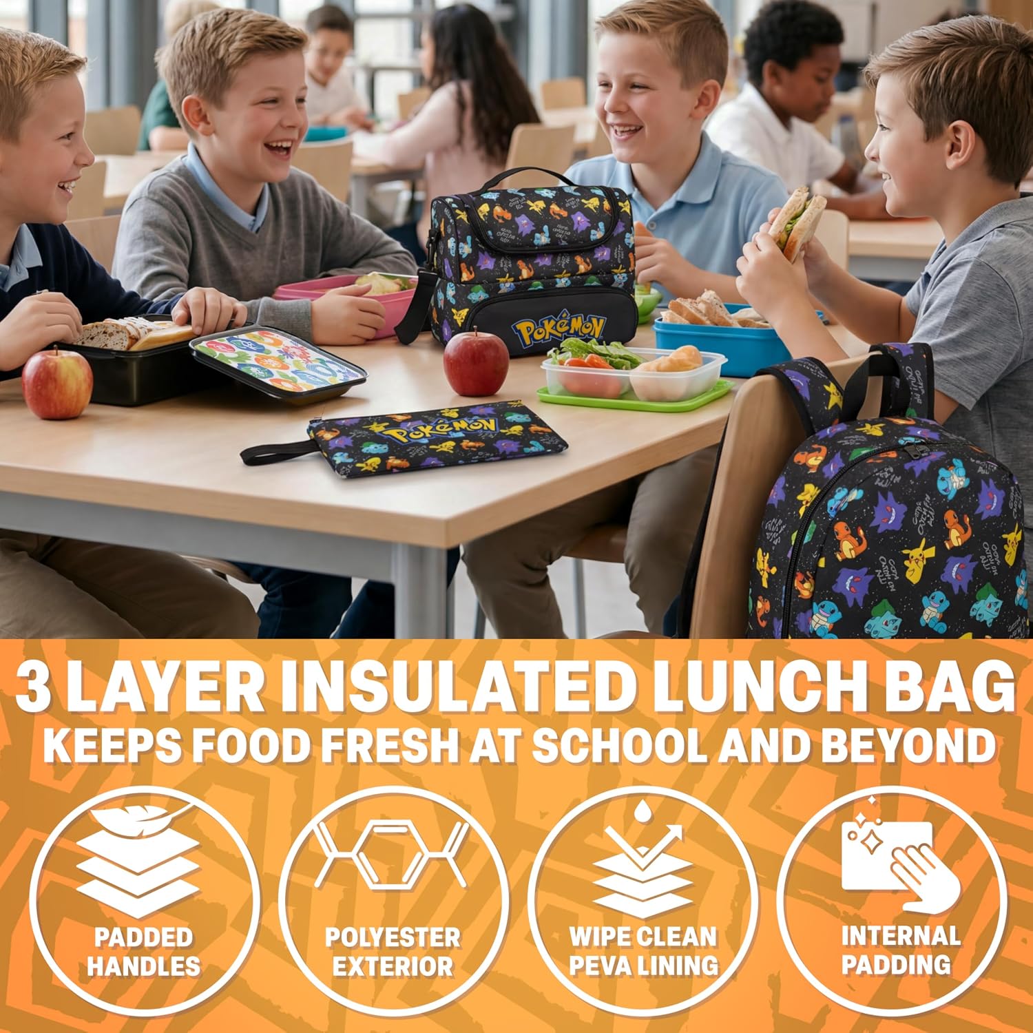 Get Trend Pokemon Boys Backpack, Lunch Bag & Pencil Case, 3 Piece Set | 18 Inch Bookbag, Adjustable Padded Straps, Insulated Lunch Bag, Pencil Pouch, School Supplies, Pikachu Gamer Gifts For Boys