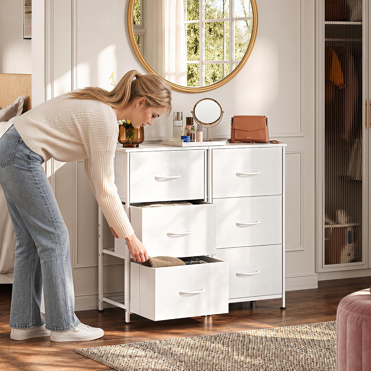 Wlive Nightstand With 3 Drawers, Fabric Dresser, Organizer Unit, Storage Dresser For Bedroom, Hallway, Entryway, Closets, Sturdy Steel Frame, Wood Top, Easy Pull Handle, White