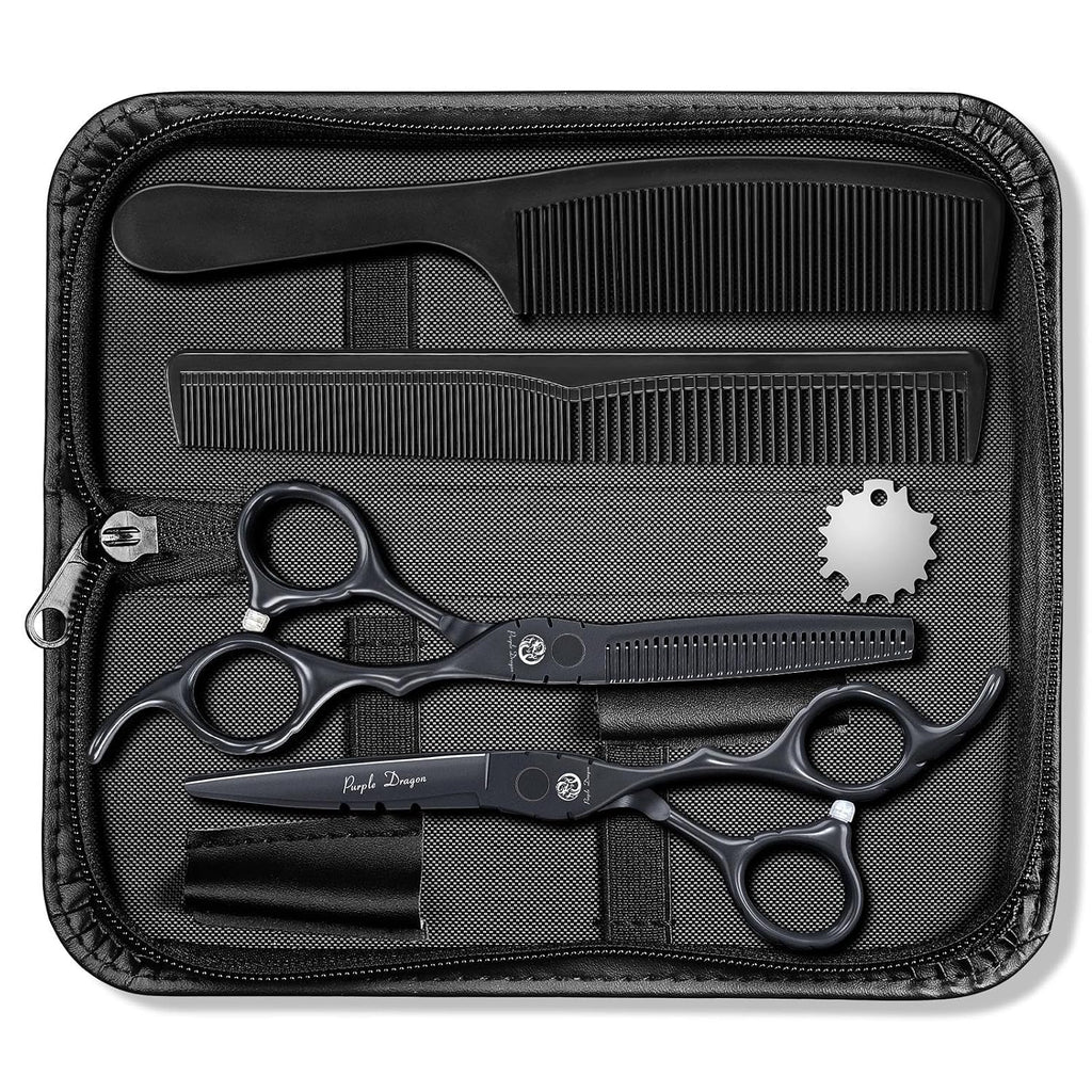 Purple Dragon Professional Japan 440C Hair Salon Cutting Shear And Barber Thinning Scissor Hairdressing Shear Set With Bag (Black, 6 Inch)