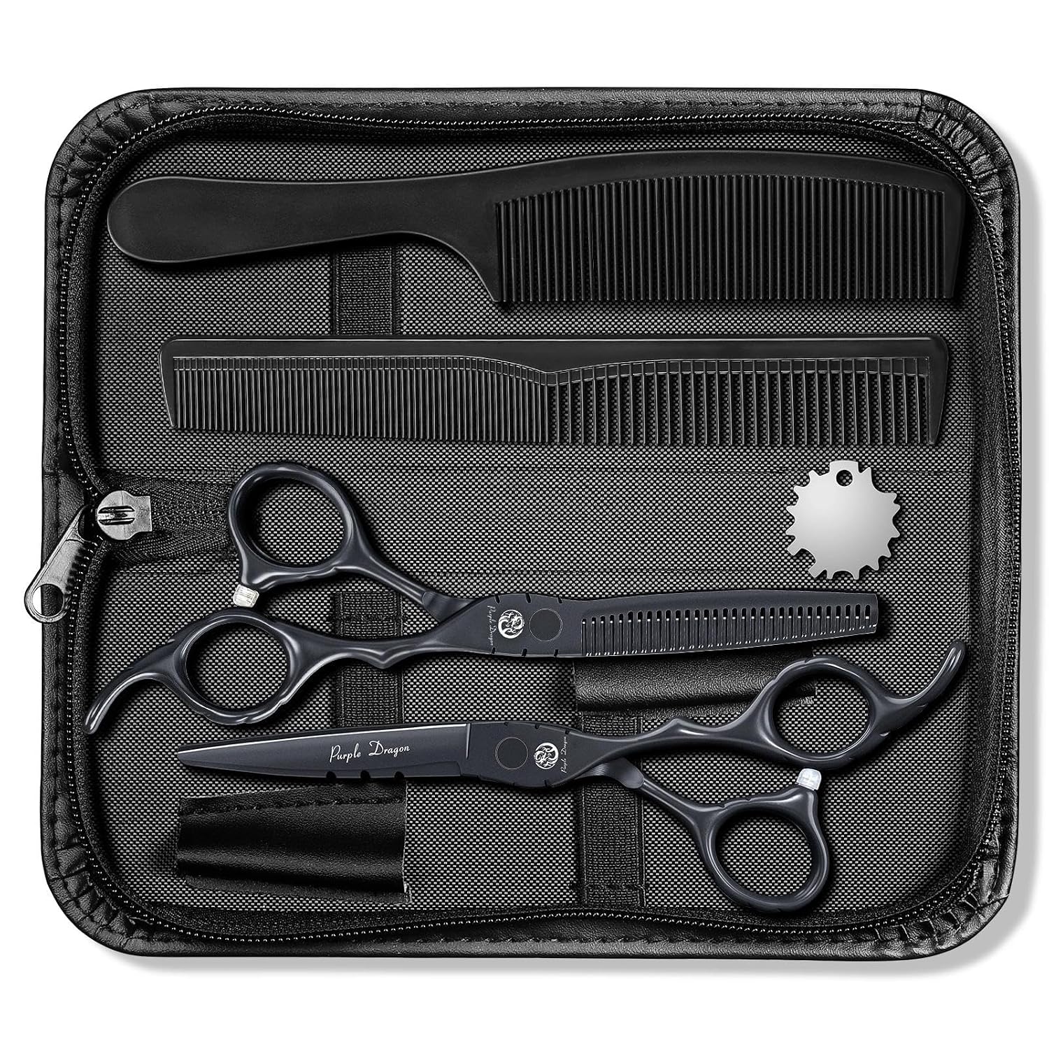 Purple Dragon Professional Japan 440C Hair Salon Cutting Shear And Barber Thinning Scissor Hairdressing Shear Set With Bag (Black, 6 Inch)