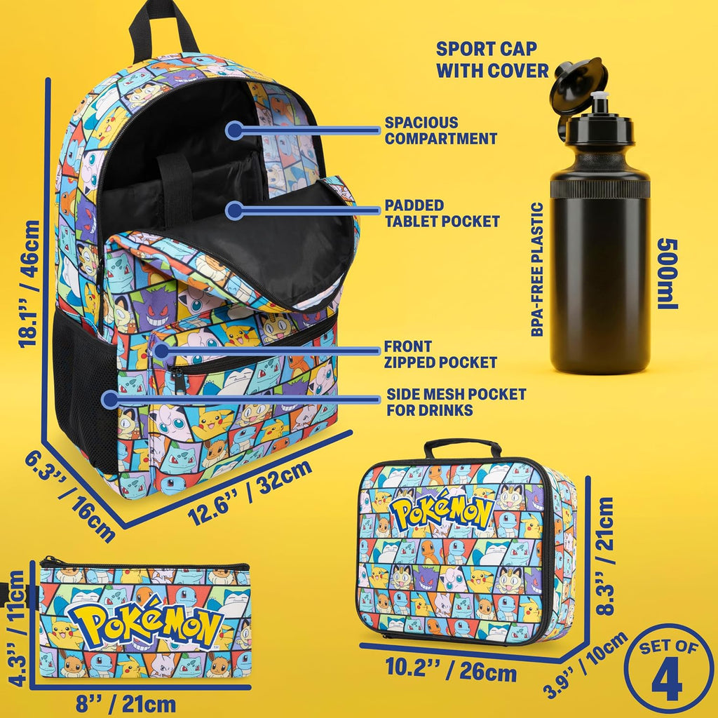 Get Trend Pokemon Boys Backpack 4 Piece Set | 18 In Bookbag With Insulated Lunch Bag, Zipped Pencil Case & Bpa-Free Water Bottle, Adjustable Padded Straps, Gifts For Boys