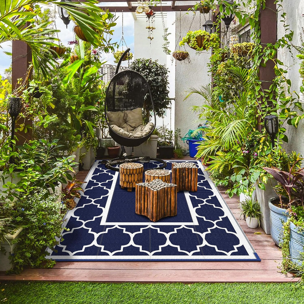 Genimo Outdoor Rug, Waterproof Plastic Rugs For Patio, 5'X8' Blue White | Outside Larger Modern Carpet Mat For Porch Decor, Deck, Balcony, Camping, Rv, Backyard, Picnic, Beach, Reversible, Foldable