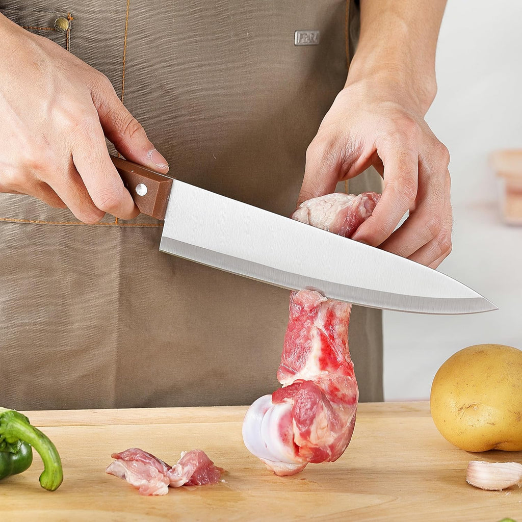 Olulu 8 Inch Chef Knife, Razor Sharp Kitchen Knife With Protective Knife Sheath, Razor Sharp Slicing Knife With Ergonomic Handle, German Stainless Steel, Dishwasher Safe (Brown Color)