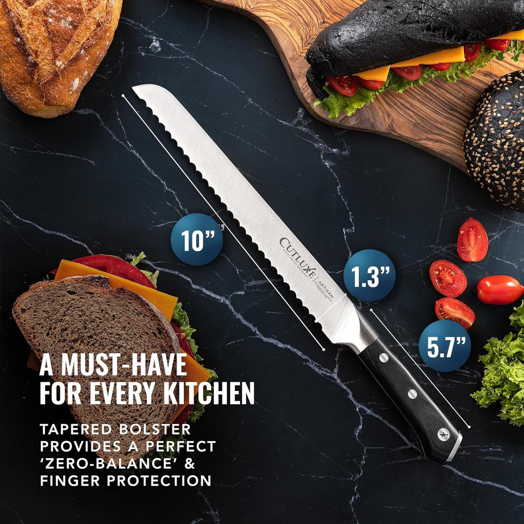 Cutluxe Bread Knife – 10" Serrated Knife For Homemade, Sourdough Bread – Forged High Carbon German Steel – Full Tang & Razor Sharp – Ergonomic Handle Design – Artisan Series