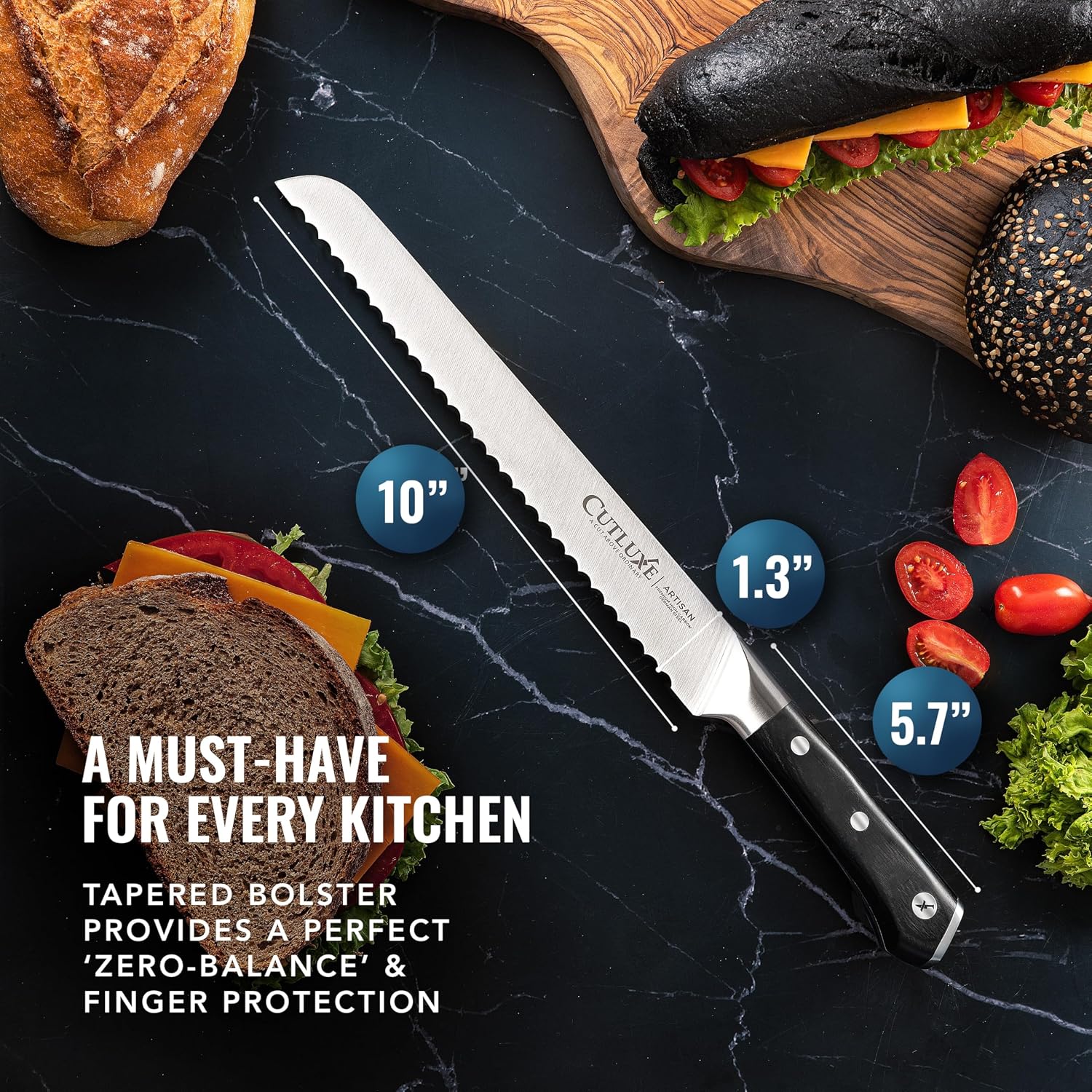 Cutluxe Bread Knife – 10" Serrated Knife For Homemade, Sourdough Bread – Forged High Carbon German Steel – Full Tang & Razor Sharp – Ergonomic Handle Design – Artisan Series