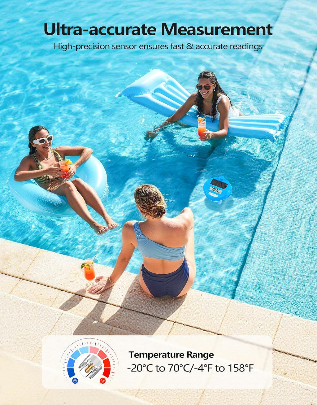 Poolleader Solar Powered Wireless Pool Thermometer With Dynamic Light Show | Dual Backlit Display For Easy Read, 650Ft Transmission, ±0.5℉ Accuracy, Ip68 Waterproof Pool Temperature Guage For Hot Tub