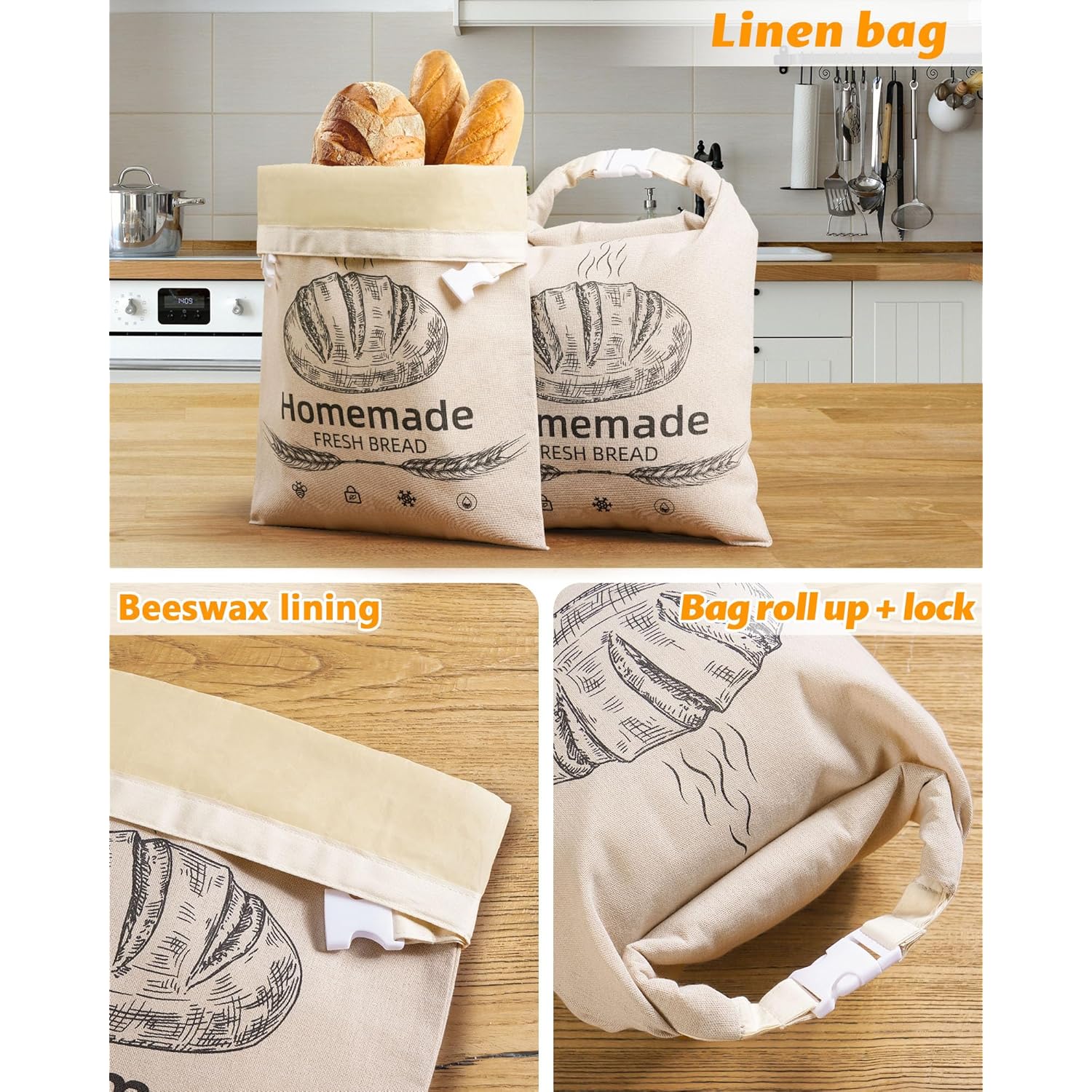 2 Pack Beeswax Bread Bags for Sourdough,Reusable Organic Linen Beeswax Bread Bag for Homemade Sourdough 17 x 12.6 Inches Food Storage Cloth Bag – Freezer-Friendly & Freshness Preservation