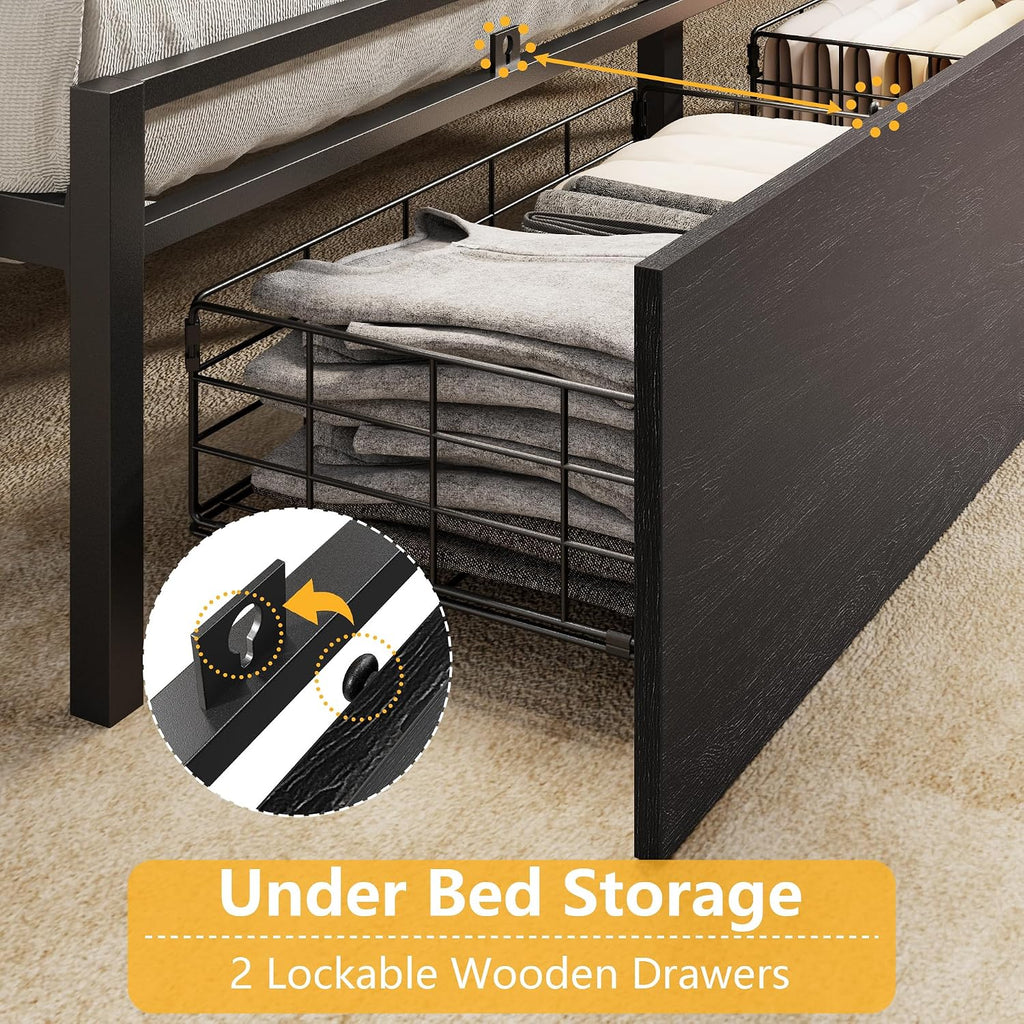 Full Size Bed Frame With Headboard And Charging Station,2 Drawers