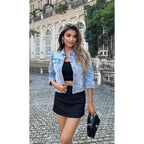 Women'S Jean Jacket Cropped Denim Jacket Stretchy 3/4 Puff Sleeve Distressed With Pockets
