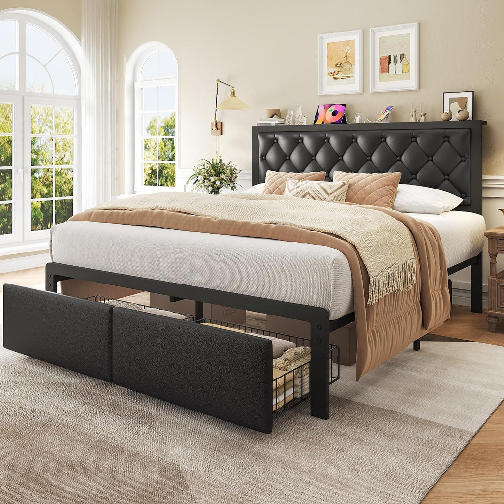 Queen Bed Frame With 2 Storage Drawers, Upholstered Headboard Button Tufted Bed Frame With Charging Station, No Box Spring Needed, Noise-Free, All Metal Structure, Black