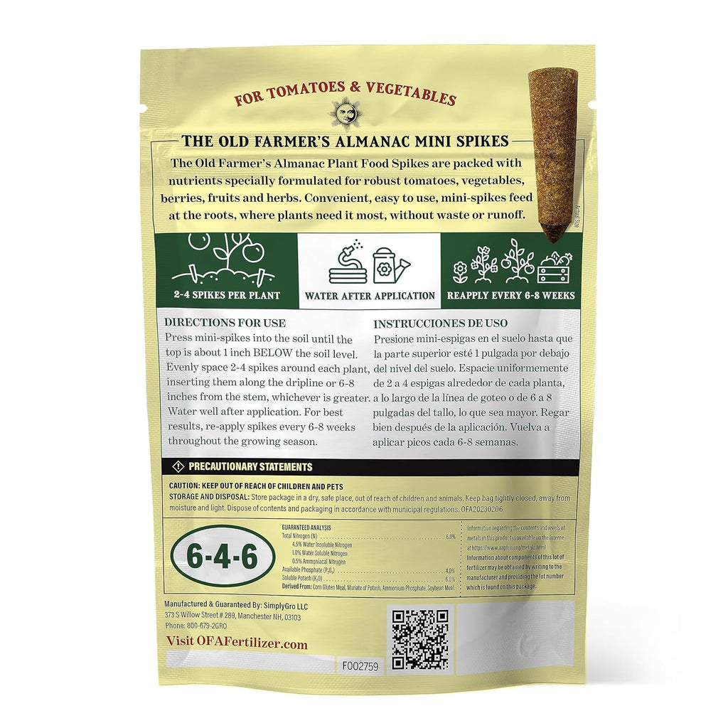 The Old Farmer'S Almanac Tomato & Vegetable Plant Food Mini Spikes - Npk 6-4-6 For Continuous Feeding And Bountiful Harvests (24 Mini Spikes)