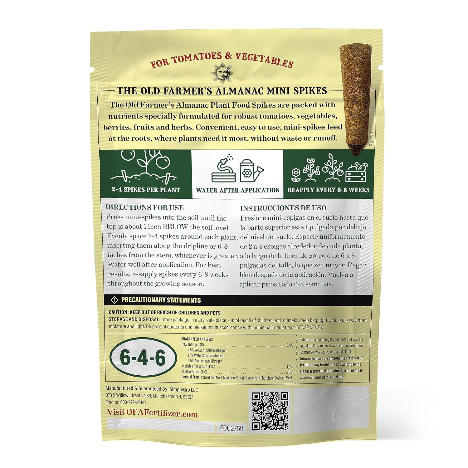 The Old Farmer'S Almanac Tomato & Vegetable Plant Food Mini Spikes - Npk 6-4-6 For Continuous Feeding And Bountiful Harvests (24 Mini Spikes)