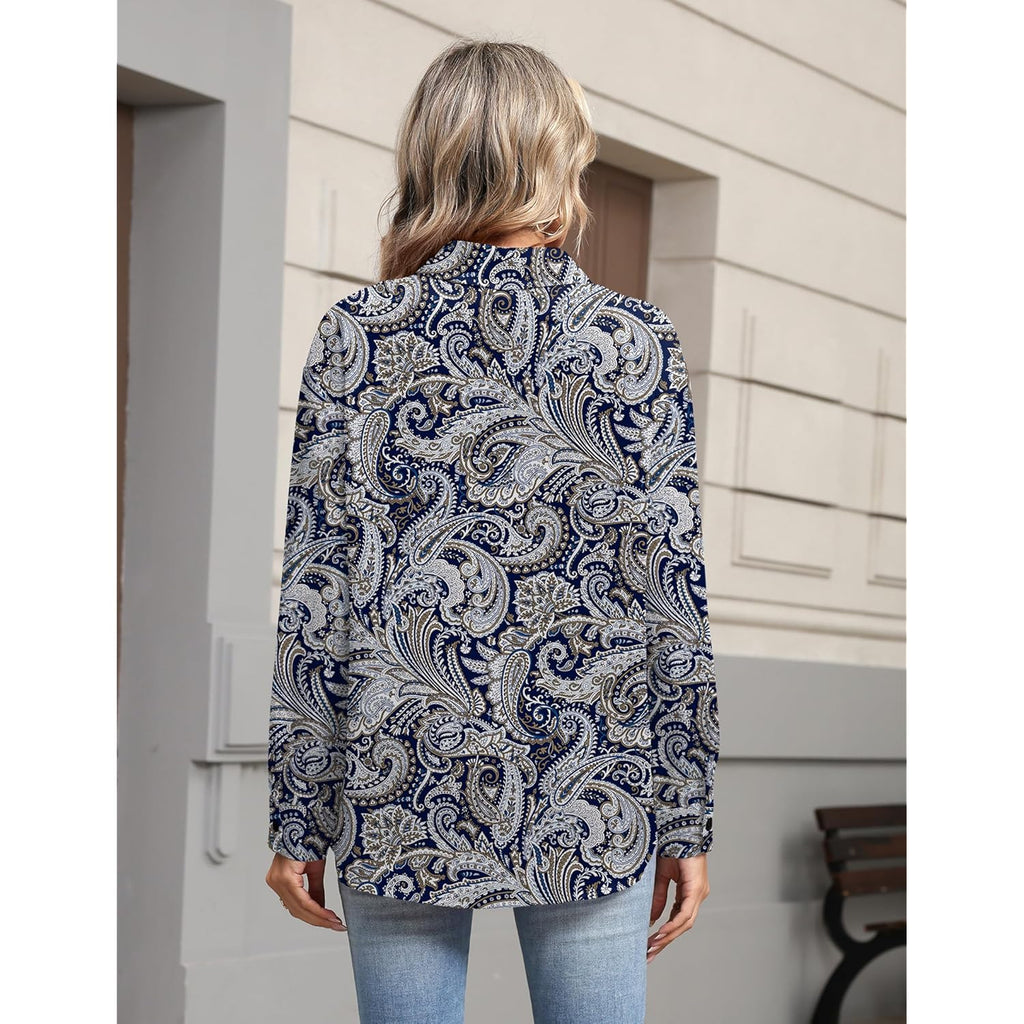 Button Down Shirts for Women Dressy Casual Floral Printed Collared Chiffon Blouse Long Sleeve Business Work Tops