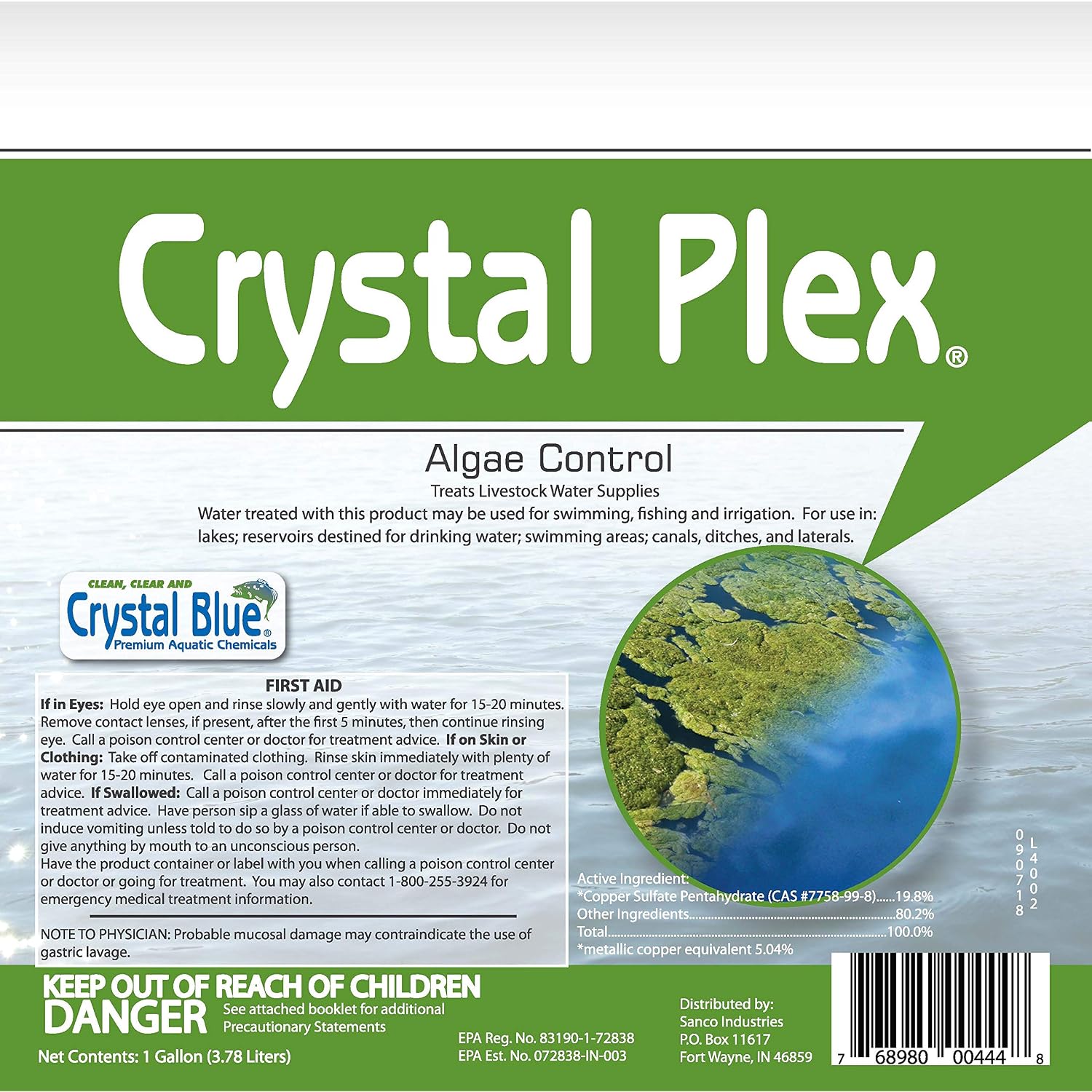 Crystal Plex - Lake And Pond Algaecide Treatment - Liquid Copper Algaecide Kills And Prevents Various Types Of Algae (Planktonic, Filamentous, Chara) - 1 Gallon Treats Up To 1 Acre