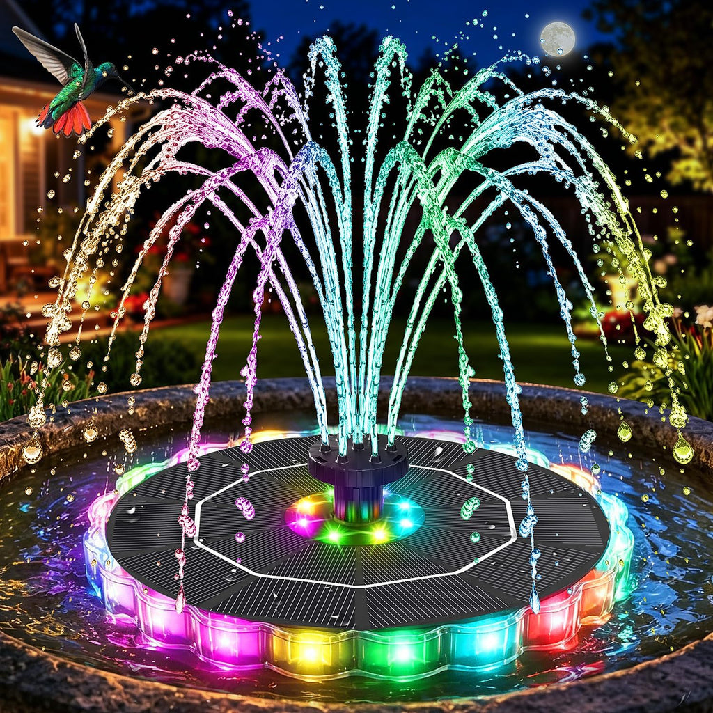 Solar Fountain, 2026 Upgrade 3.5W Solar Bird Bath Fountains With Colorful Ring Led Lights, 2000Mah Battery, 7 Nozzles And 4 Fixers, Solar Water Fountain Pump For Pond, Pool, Patio And Garden