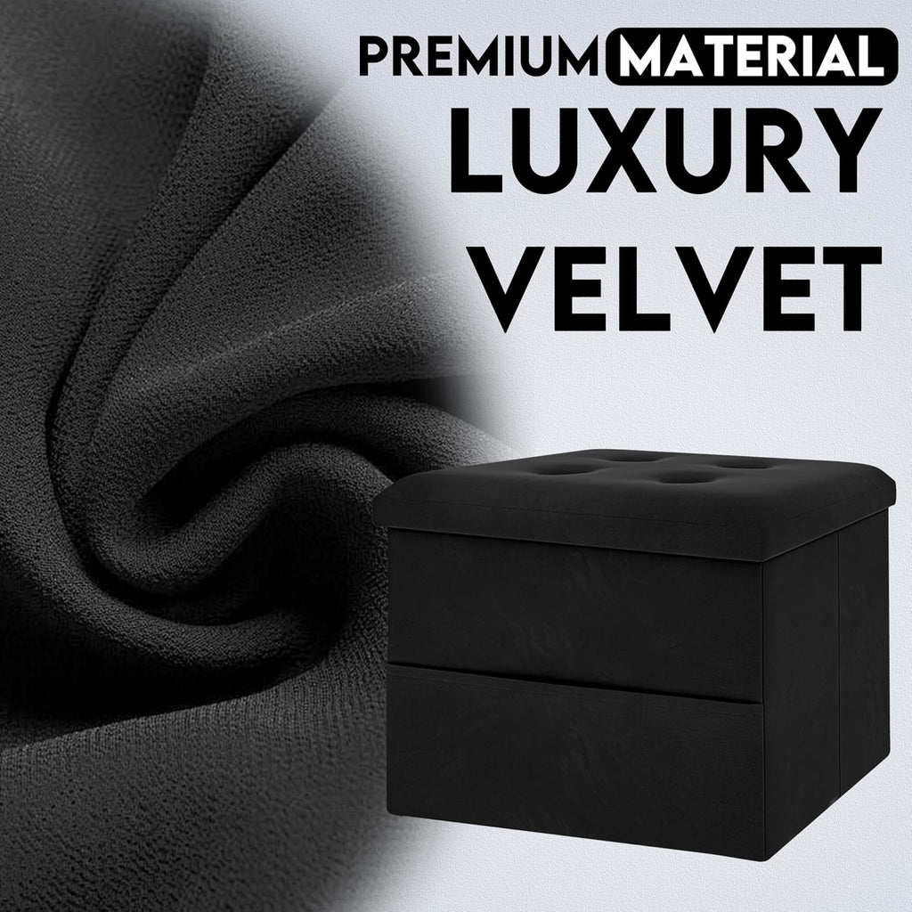 Zoes Homeware Small Storage Ottoman Foot Rest, Velvet Ottoman With Storage And Side Pocket, Black Foot Rest For Couch, Foldable Footstool For Chair, Living Room&Dorm, 16"X12"X12"