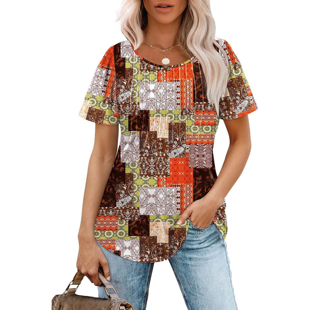 OFEEFAN Womens T Shirts Short Sleeve Pleated Dressy Casual Scooped Neck Summer Tops Blouses