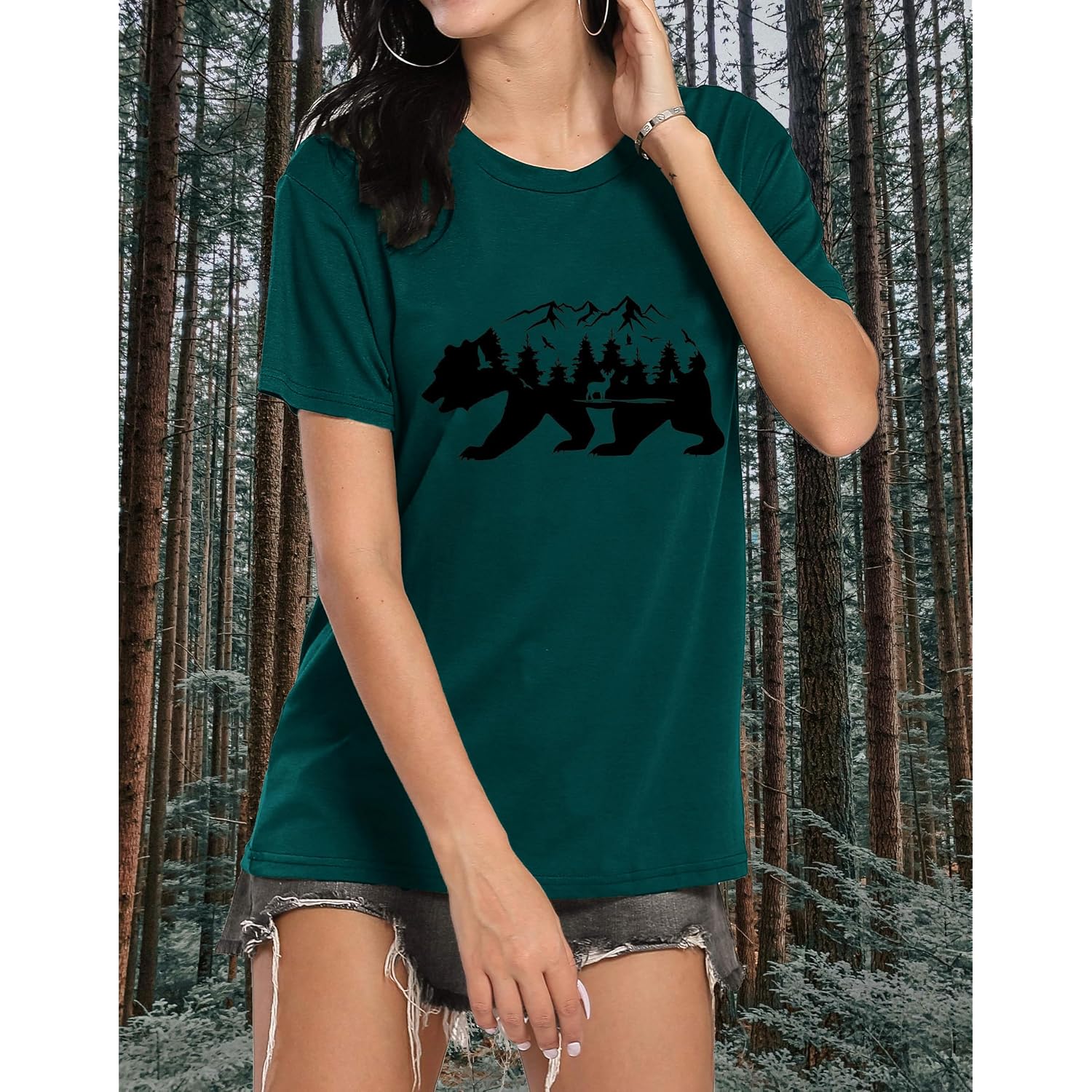 Vintage Boho Graphic Tees for Women Summer Round Neck Nature Cottagecore Tee Tops Bear Green