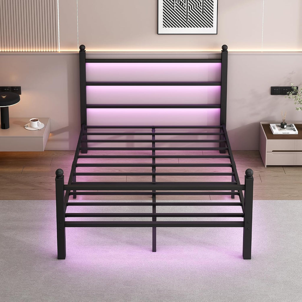 Clibfeng Full Size Bed Frame With Headboard And Footboard,Steel Slats Support-Led Bed Frame With Charging Station,Mattress Foundation-Under Bed Storage, No Box Spring Needed,Noise Free,Black