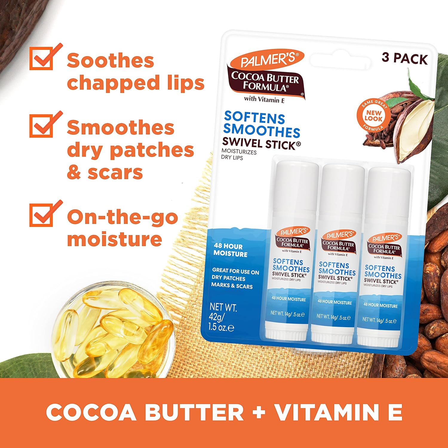 Palmer'S Cocoa Butter Formula Moisturizing Swivel Stick, Pack Of 3 | Vitamin E Lip Balm For Beach Bag, Multi-Purpose Face & Body Moisturizer Stick, Ideal For Treating Dry Skin Patches