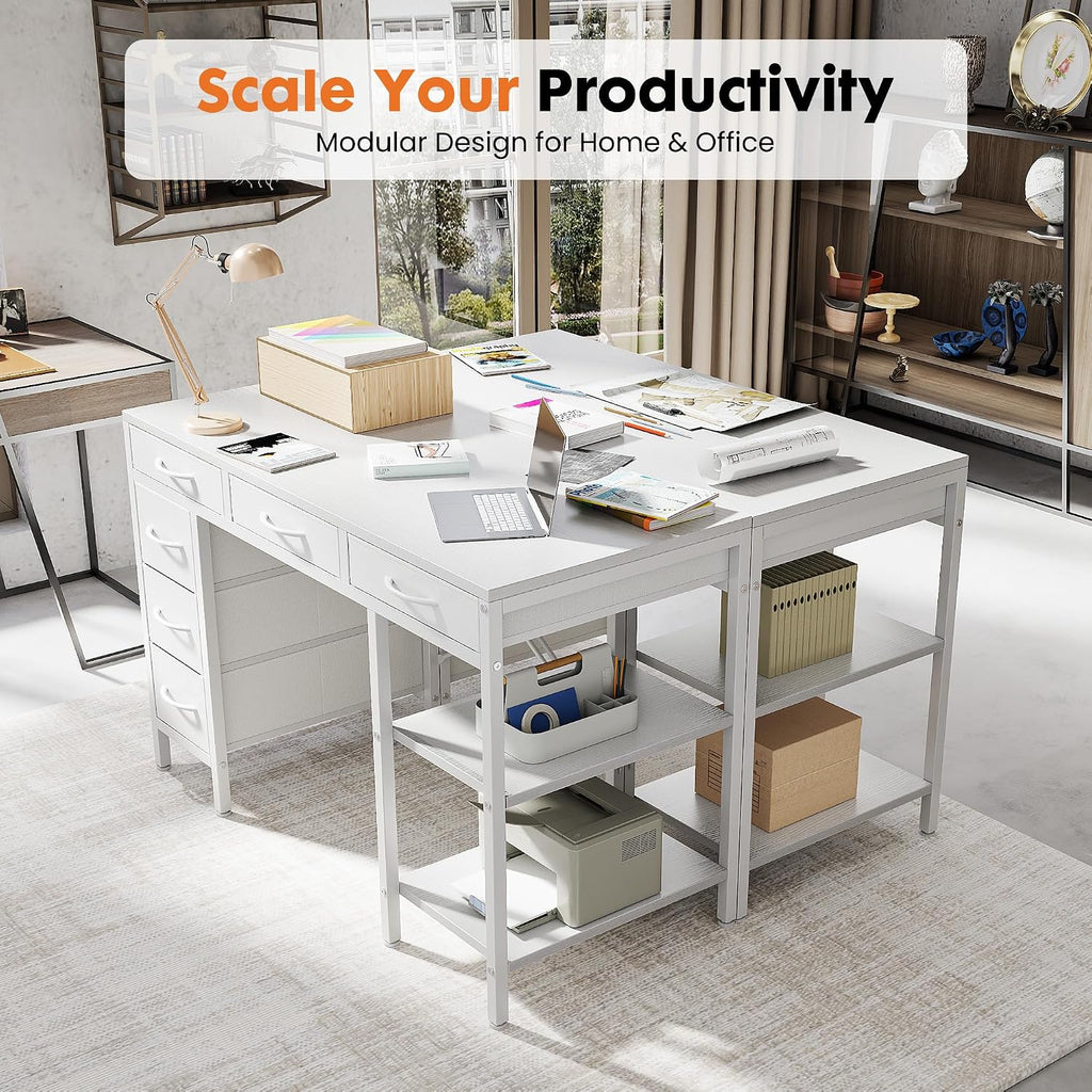 Sweetcrispy 47" Computer Desk With 6 Fabric Drawers, Home Office Gaming Desks With Storage Shelves For Bedroom, Writing Study Corner Living Room Work Table White