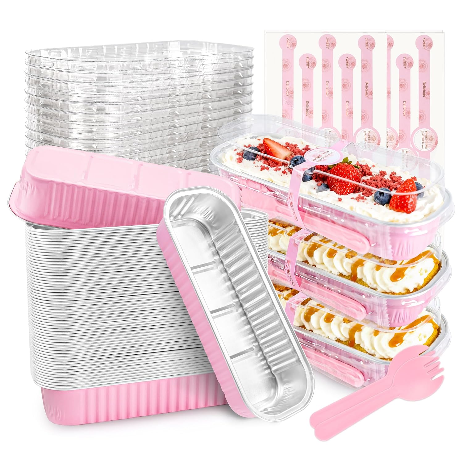 NPLUX Mini Cake Pans with Lids and Spoons, 50 Pack Pink Mini Loaf Pans with Lids, Mini Cake Containers for Baking, Mini Cheesecake and Party Desserts, Individual Cake Pans with Lids