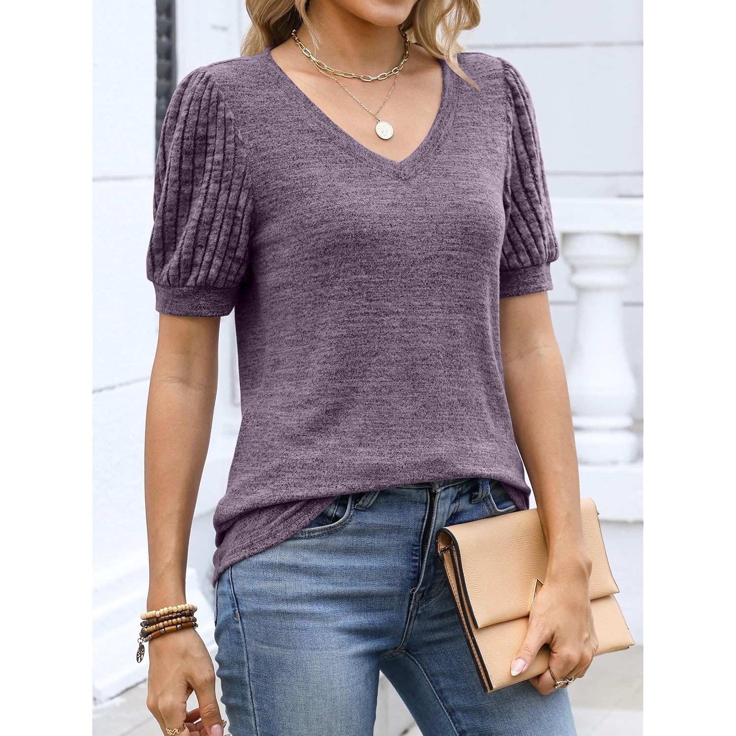 Womens Tops Summer Sweaters Dressy Casual V Neck Tunic Blouses Short Sleeve Basic Tee Shirts 2026 Trendy Clothes
