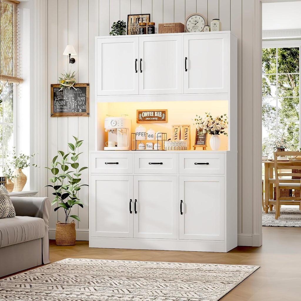 Hostack Kitchen Pantry Storage Cabinet, Tall Kitchen Hutch Cabinet, White | 47"W Food Pantry Cabinet With Smart Led / Charging Station / Countertop / 3 Large Drawers, 72"H Storage Hutch For Dining Room