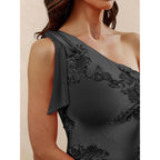 Caracilia Womens Floral Mesh One Shoulder Dress, Elegant Maxi Dresses, Comfy For Wedding Guest Cocktail Summer Formal Wear