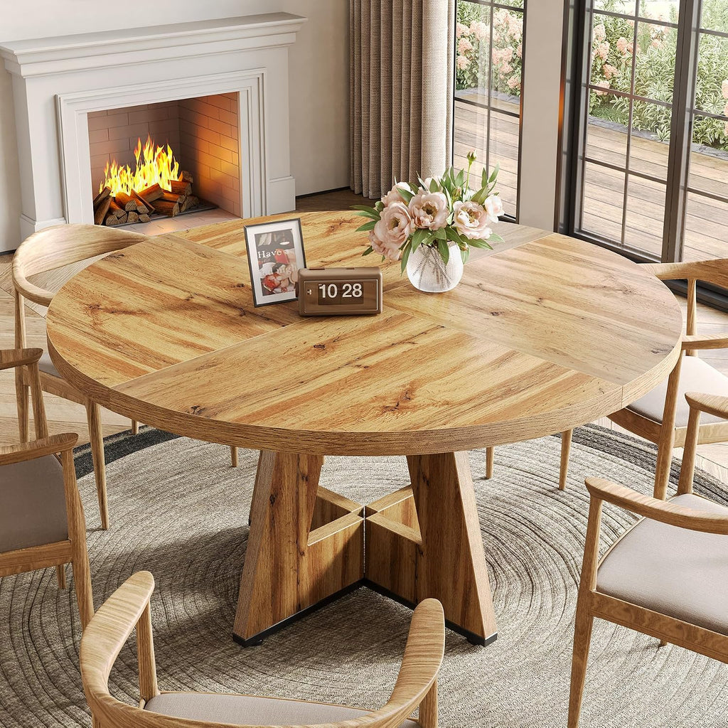 Little Tree Round Dining Table For 4-6 People, 47 Inches Dining Room Table With Wooden Pedestal Base, Modern Dinner Table, Circle Kitchen Tables For Dining Room, Kitchen, Living Room(Table Only)