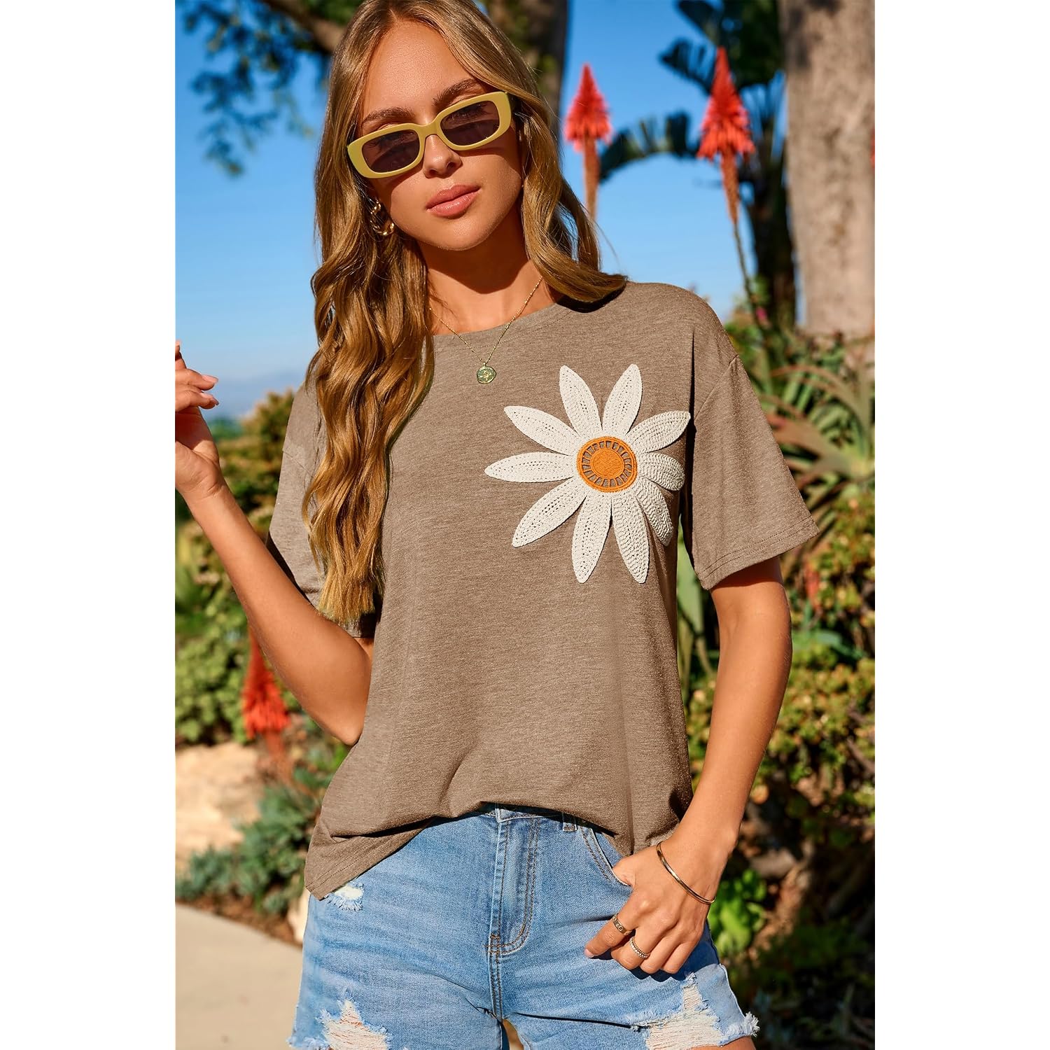 Dokotoo Summer Tops for Women 2026 Flower Embroidery Short Sleeve T-Shirts Crewneck Casual Loose Basic Tee Blouses
