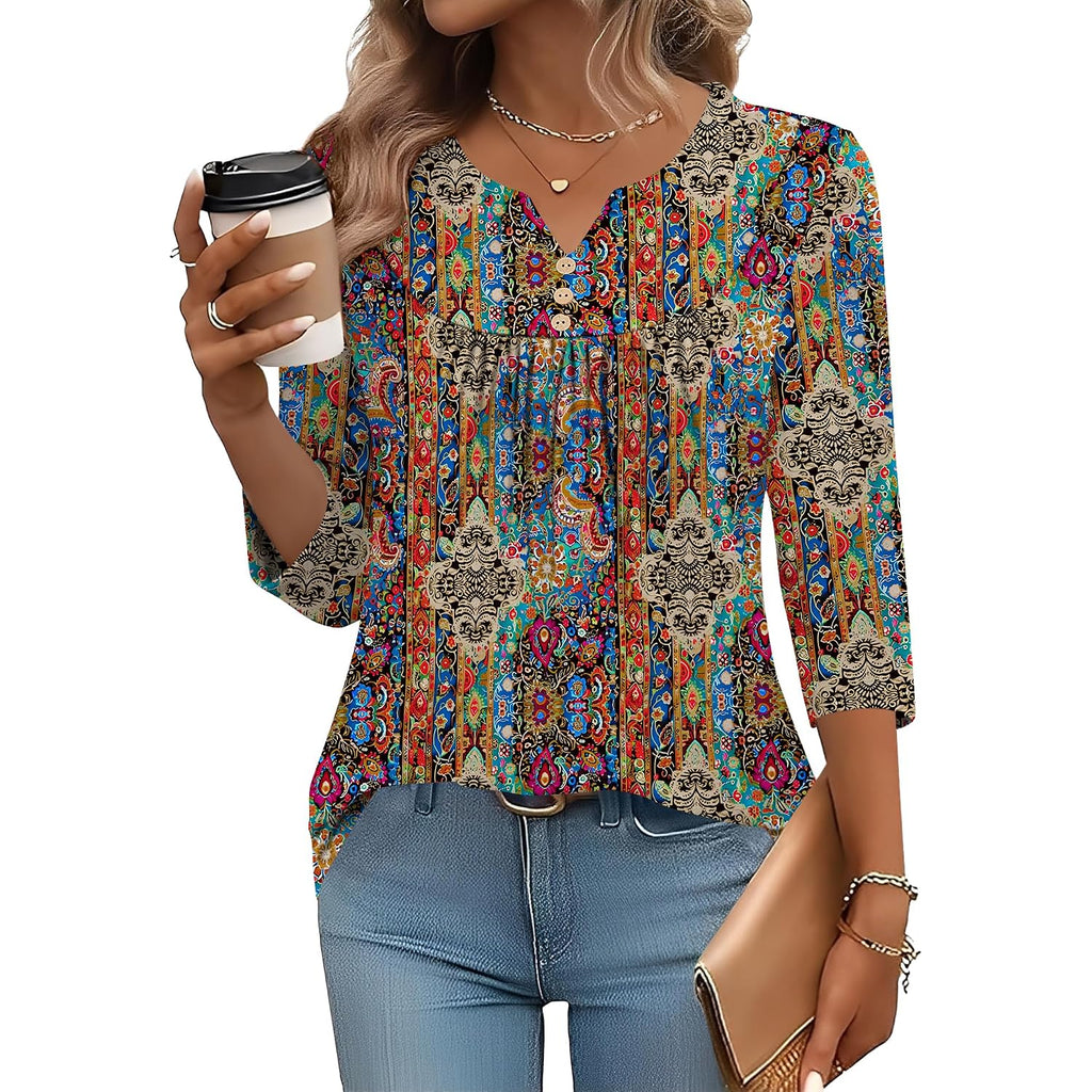 LOMON 3/4 Length Sleeve Womens Tops Dressy Casual Henley V Neck Blouses Loose Fit Tunics 2026 Trendy Summer Outfits