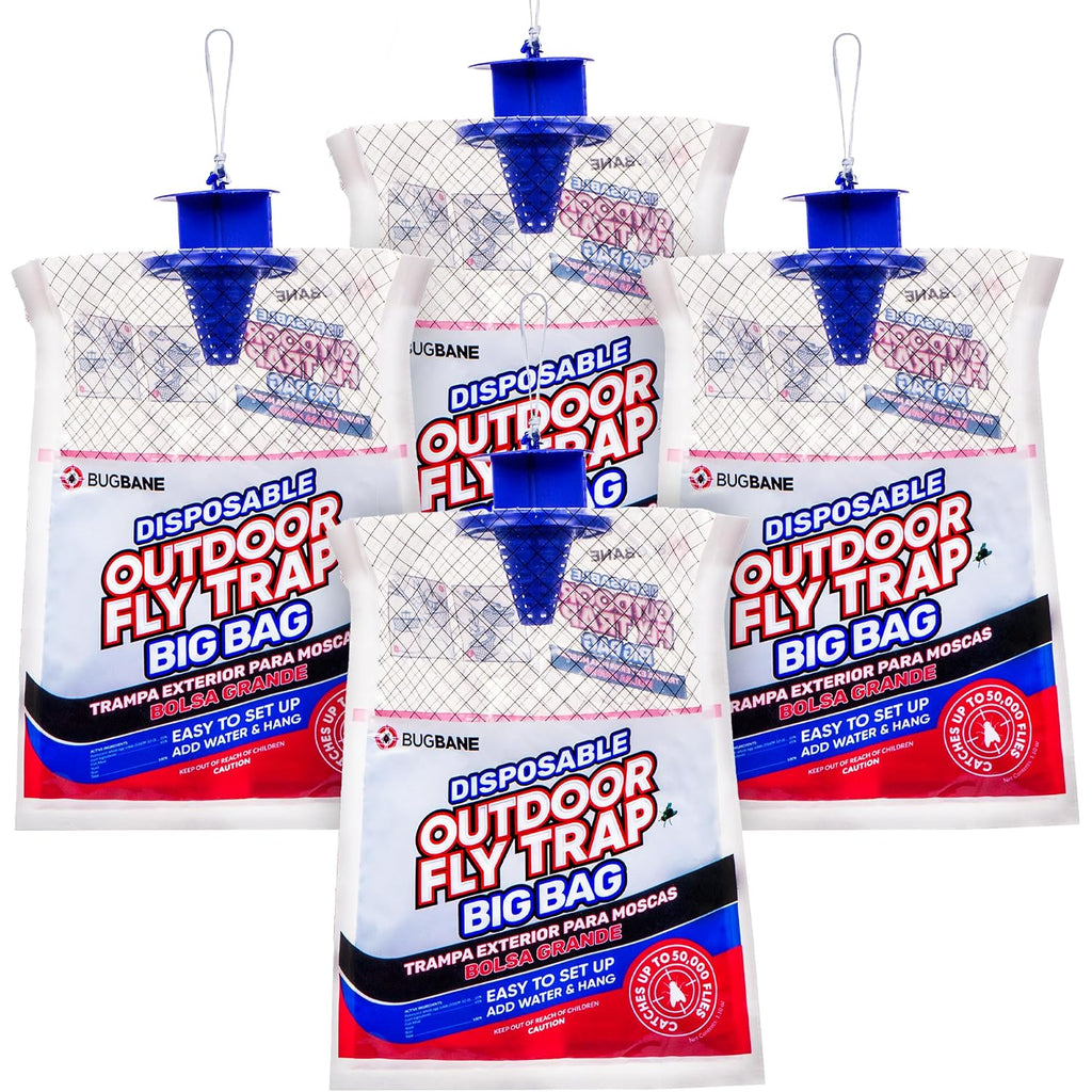 Fly Traps Outdoor Fly Trap For Patio. 4 Large Non-Toxic Pre-Baited Flies Bags Outdoor Disposable. Big Hanging Bug Catchers For All Filth Flies Killer For Outside Bug Control In Yard Horse Ranch.