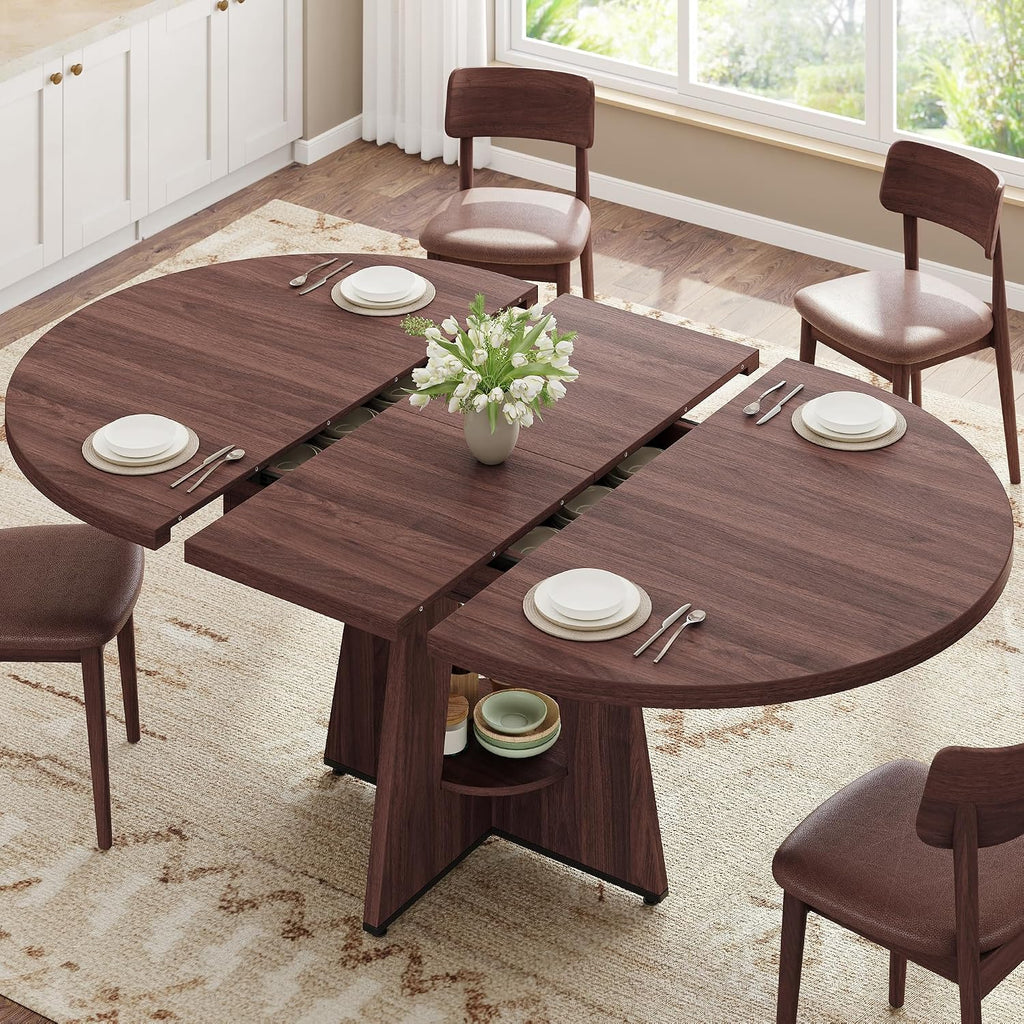 Extendable Dining Table, Round Kitchen Dining Room Dinner Table With For 4 6 8 People, Space Saving Modern Oval Expandale Furniture With Storage And Pedestal For Kitchen Living Room (Brown)