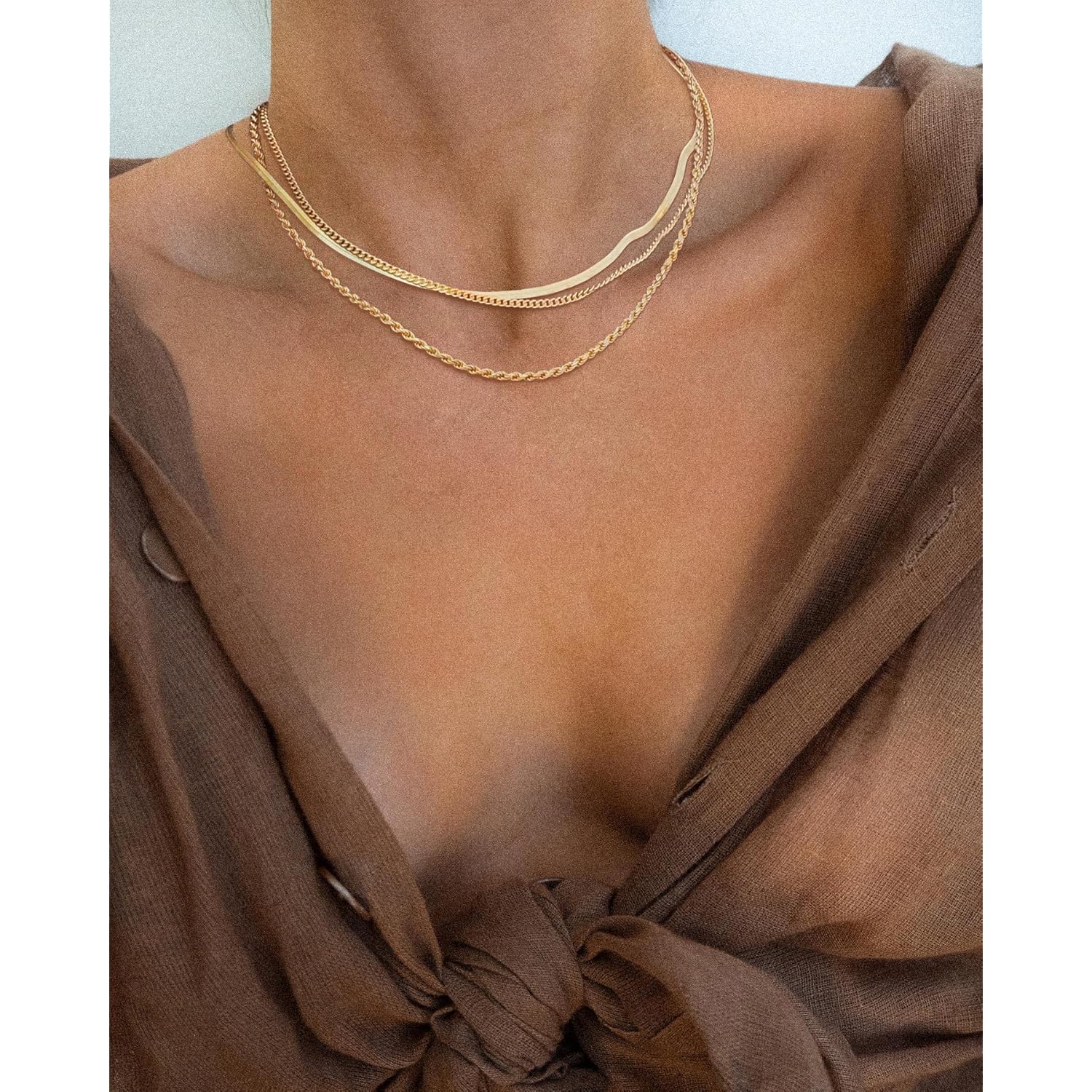 Freekiss Women's Layered Necklace Set - 3 Piece Dainty Gold Jewelry for Everyday Stacking | 14K Gold Plated Snake Chain, Rope Chain, Cuban Chain | Adjustable Length 14-18.5 Inch | Gift Ready