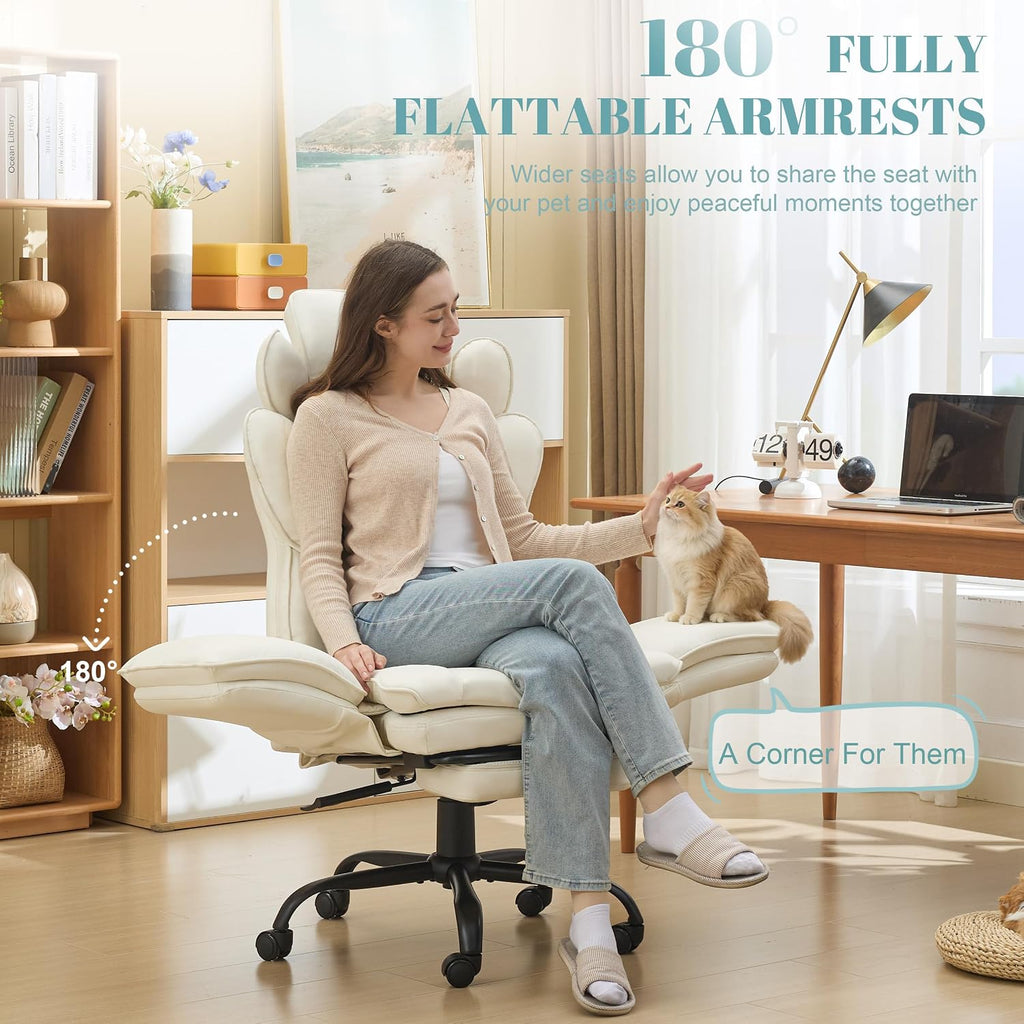 Flip Armrests Criss Cross Office Chair, Reclining Office Chair With Foot Rest, Adjustable Headrest, Massage Waist Pillow, Cross Legged Big And Tall Desk Chair Wide Seat Vanity Chair, White Pu Leather