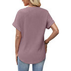 Sampeel Summer Tops For Women 2026 Trendy Rolled Short Sleeve Shirts Waffle Knit Crew Neck Tops Curved Hem Fashion Clothing